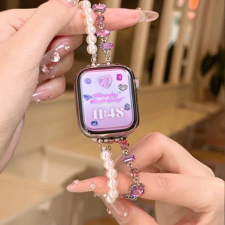 Replacement Apple Watch band in pink rhinestones and pearls