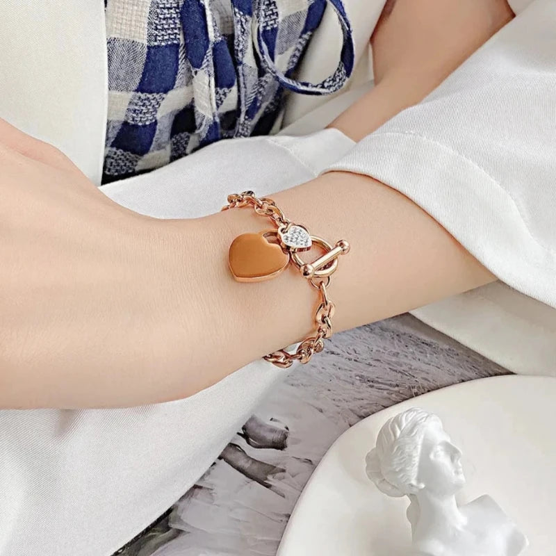 Double Heart Chain Bracelet Women rose gold