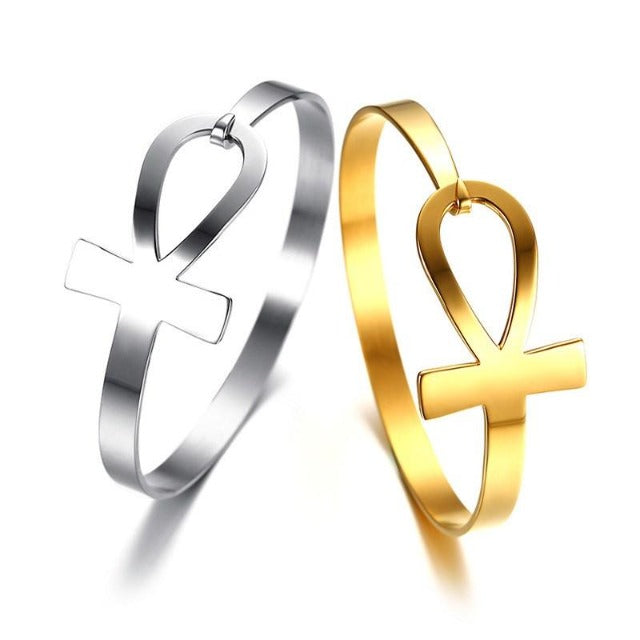 Egyptian bracelet for women in the shape of a gold and silver Ankh cross
