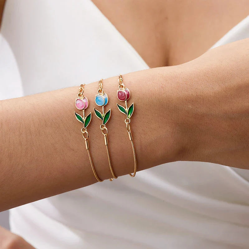 Elegant Red Tulip Flower Bracelet