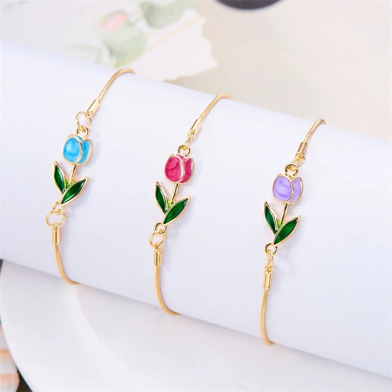 Elegant Red Tulip Flower Bracelet