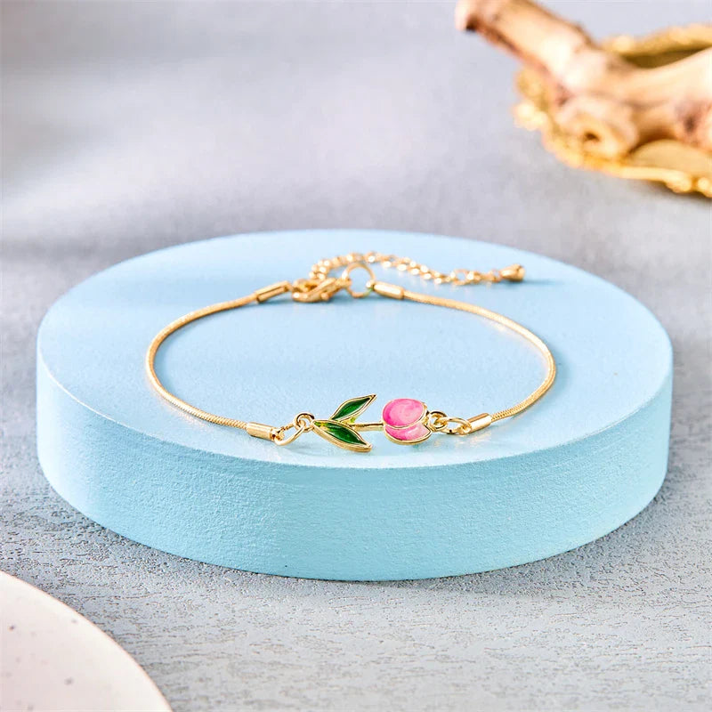 Elegant Pink Tulip Flower Bracelet