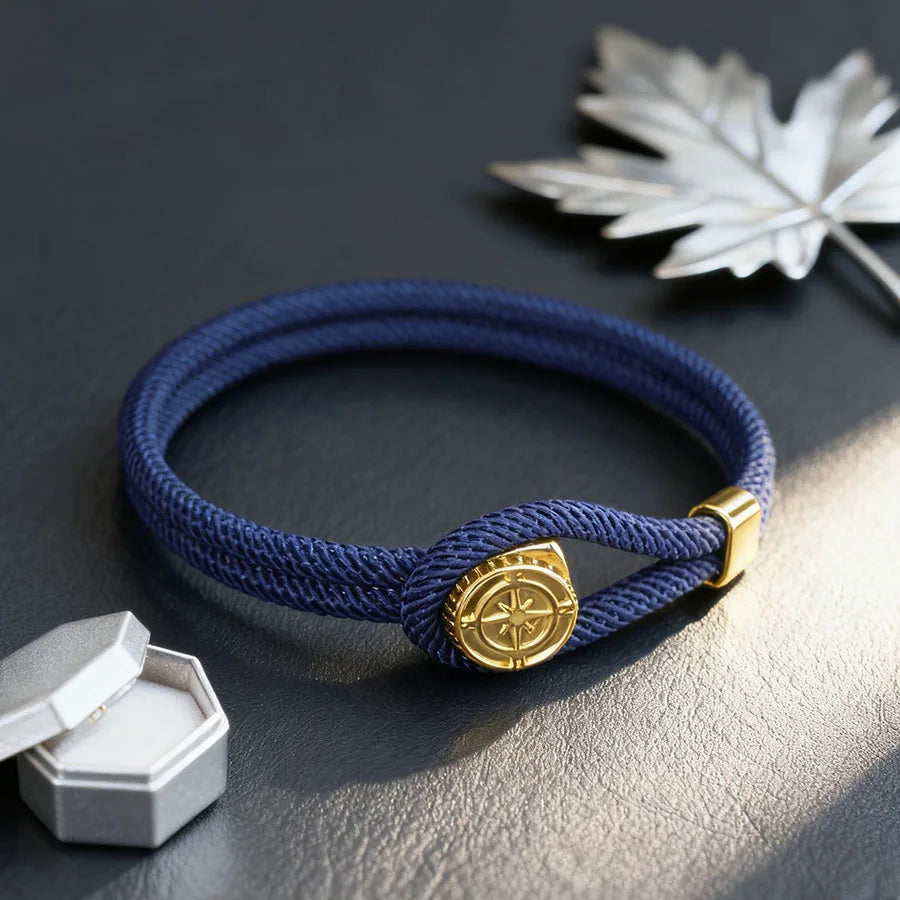 Rope Bracelet with Navy Blue Nautical Compass Rose