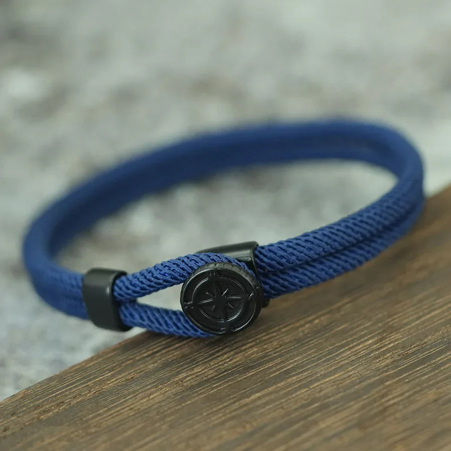 Cord Bracelet with Black Compass Navy Blue Wind Rose