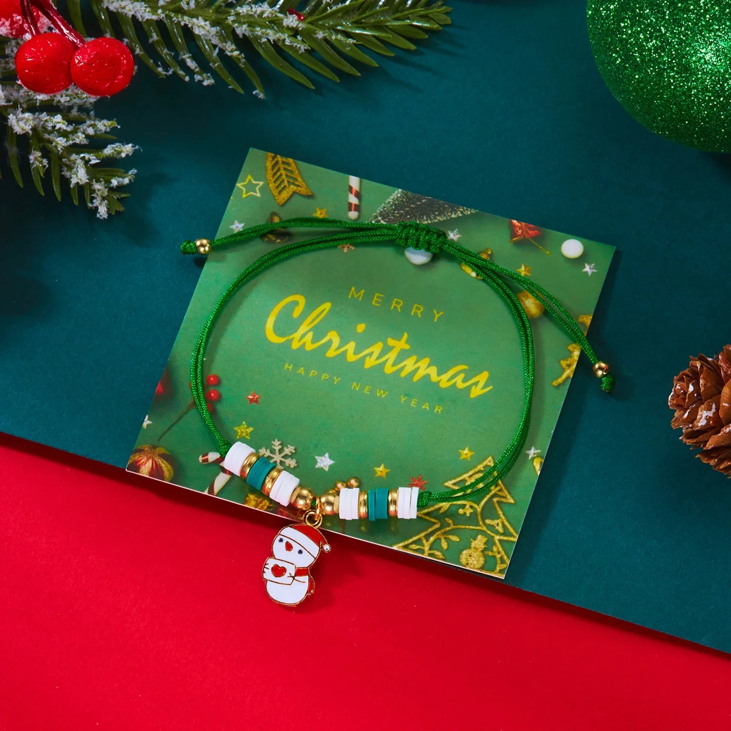 Cord Bracelet with Green Christmas Snowman Pendant