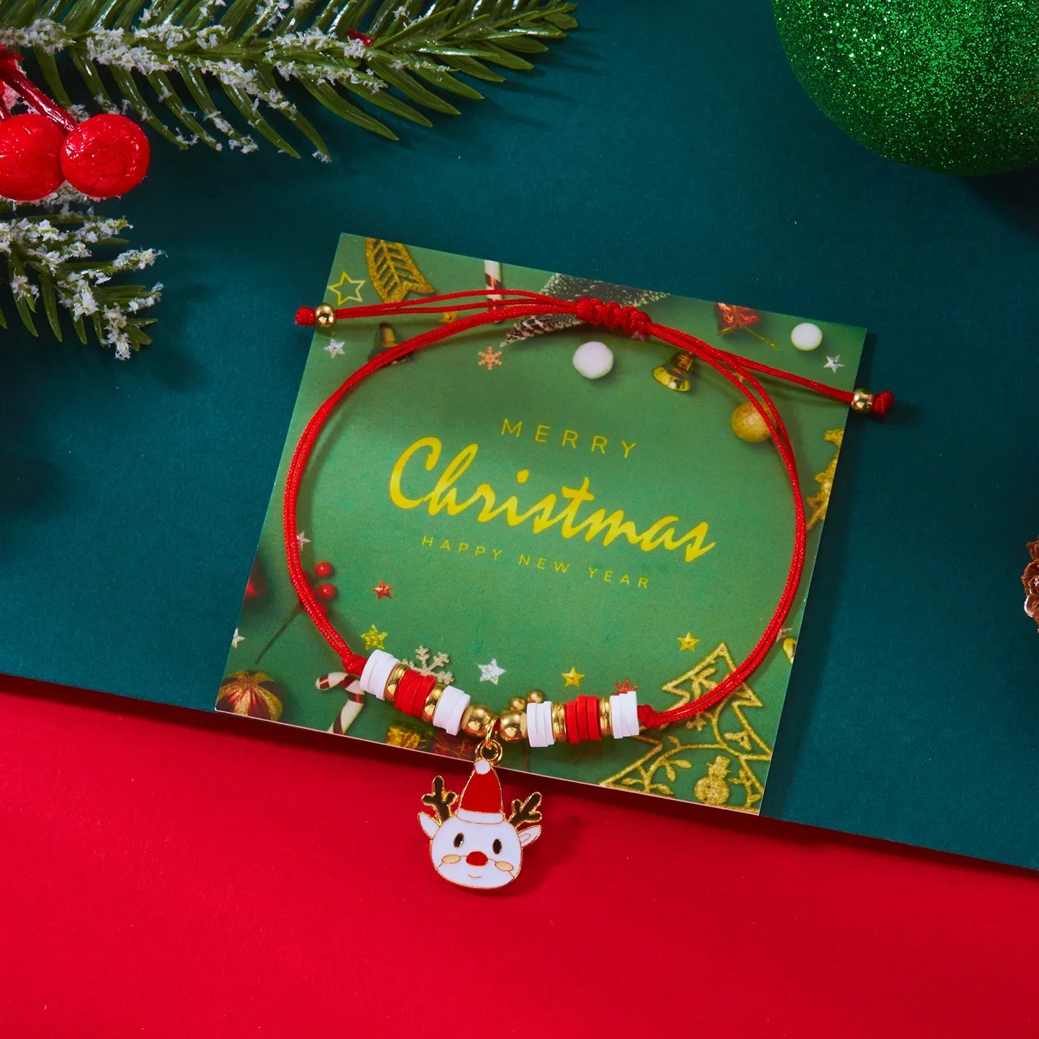 Cord Bracelet with Red Christmas Reindeer Pendant