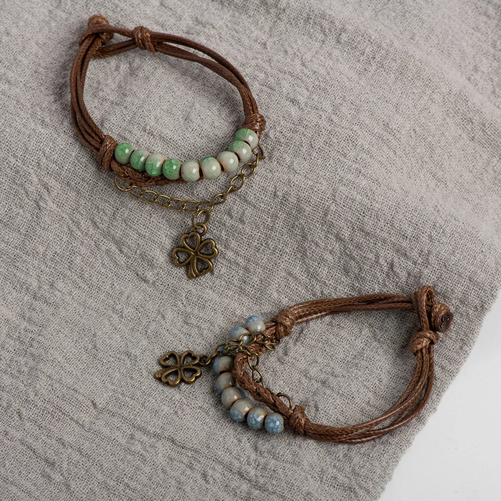 Cord Bracelet with 4-Leaf Clover and Green Beads