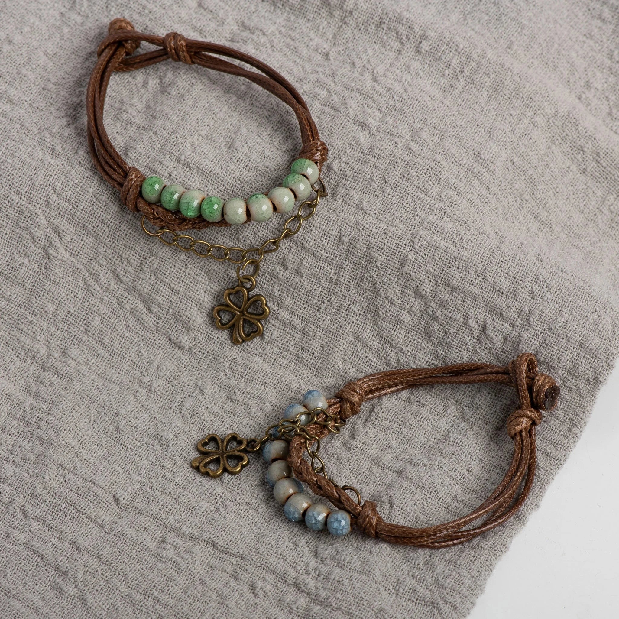 Cord Bracelet with 4-Leaf Clover and Green Beads