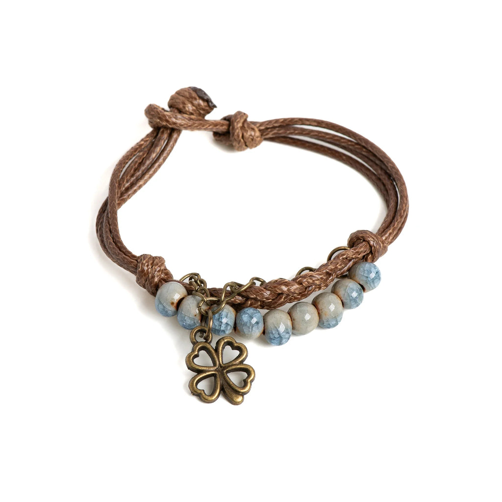Cord Bracelet with 4-Leaf Clover and Blue Beads