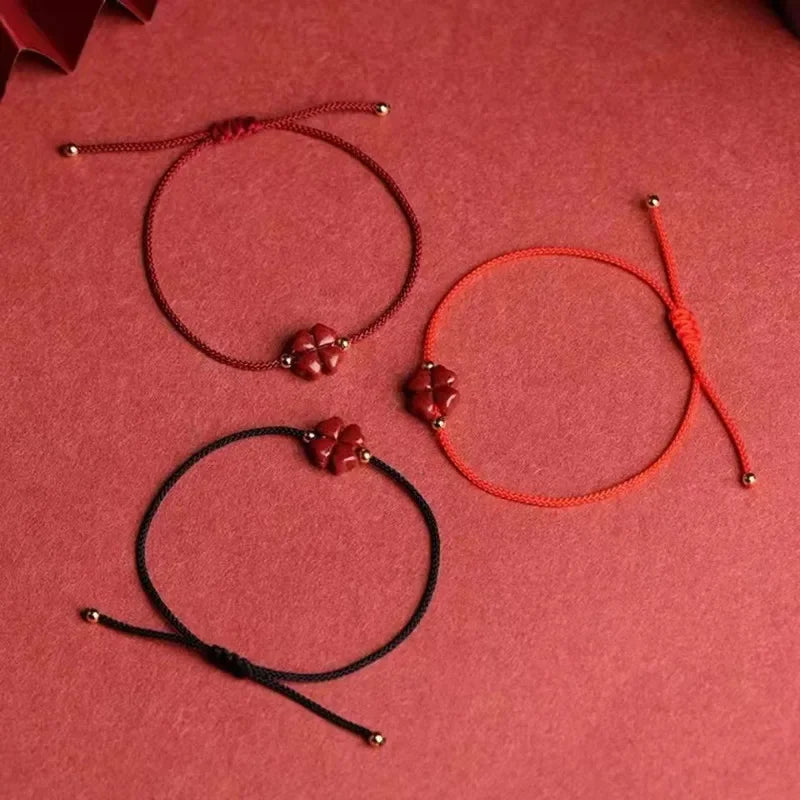 Cord Bracelet with Dark Red Cinnabar Four-Leaf Clover Stone