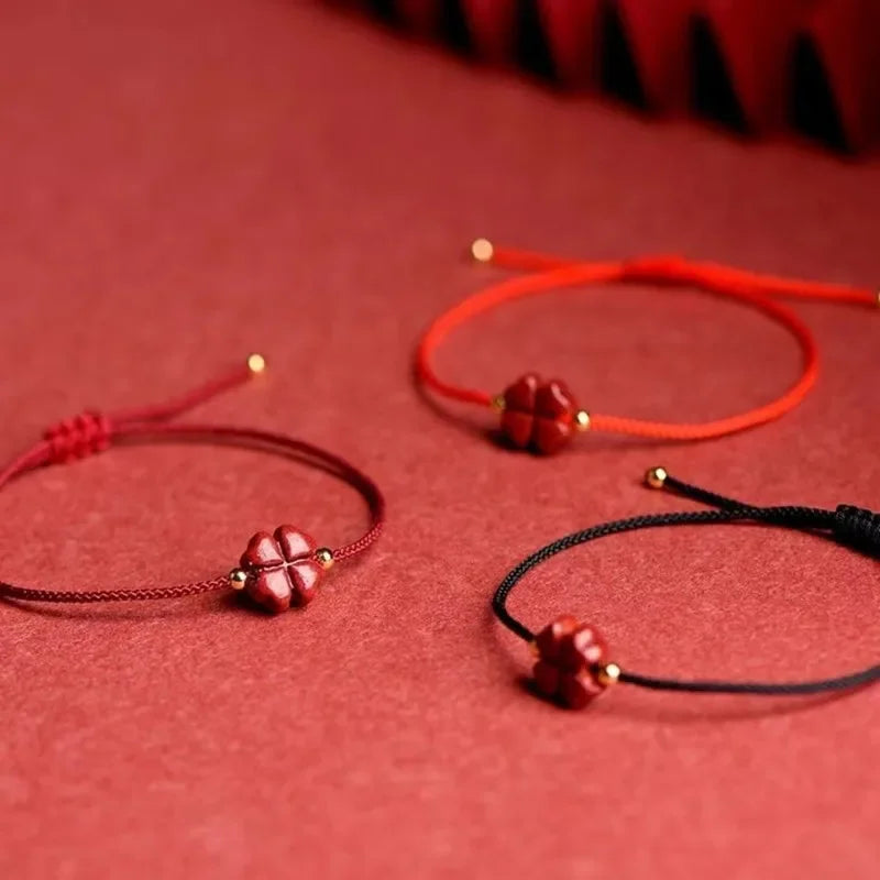 Cord Bracelet with Red Cinnabar Four-Leaf Clover Stone