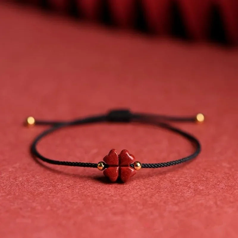 Cord Bracelet with Black Cinnabar Four-Leaf Clover Stone