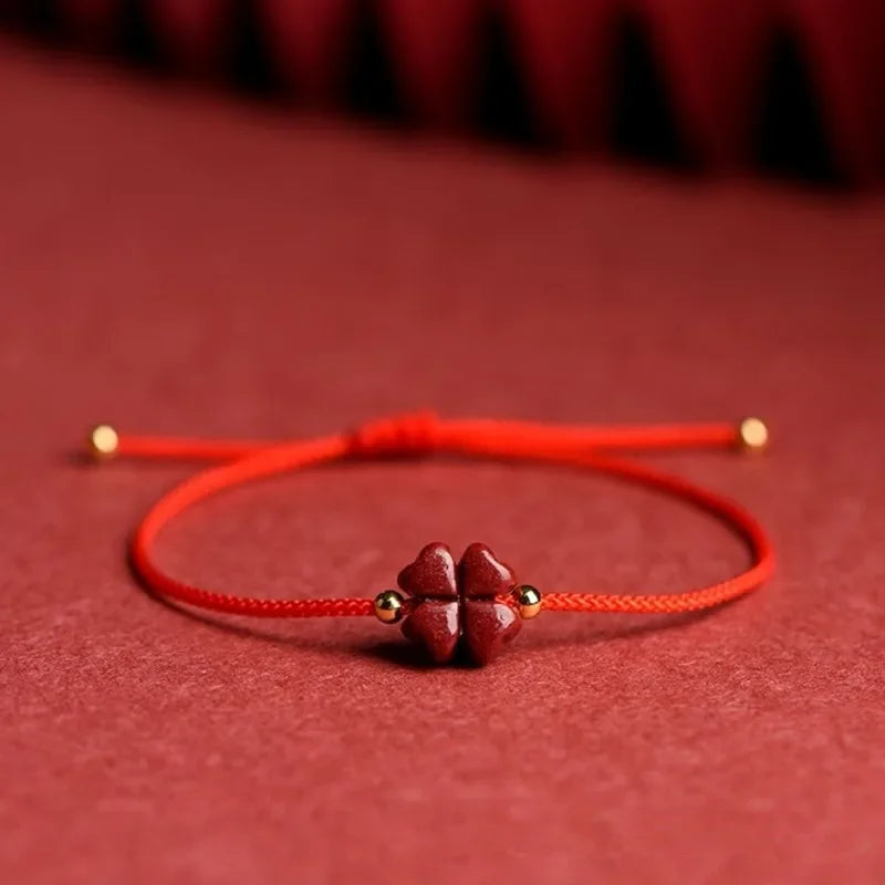 Cord Bracelet with Red Cinnabar Four-Leaf Clover Stone