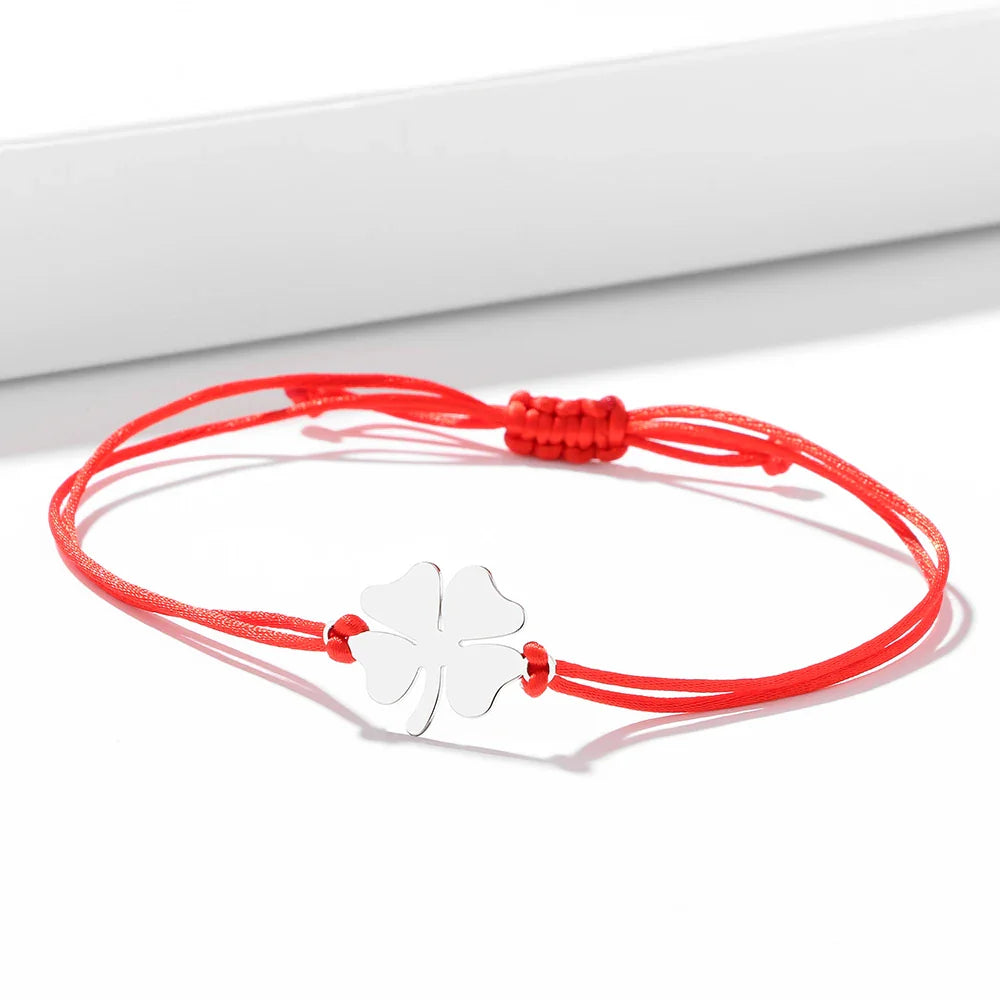 Cord Bracelet with Red and Silver Four-Leaf Clover Lucky Charm