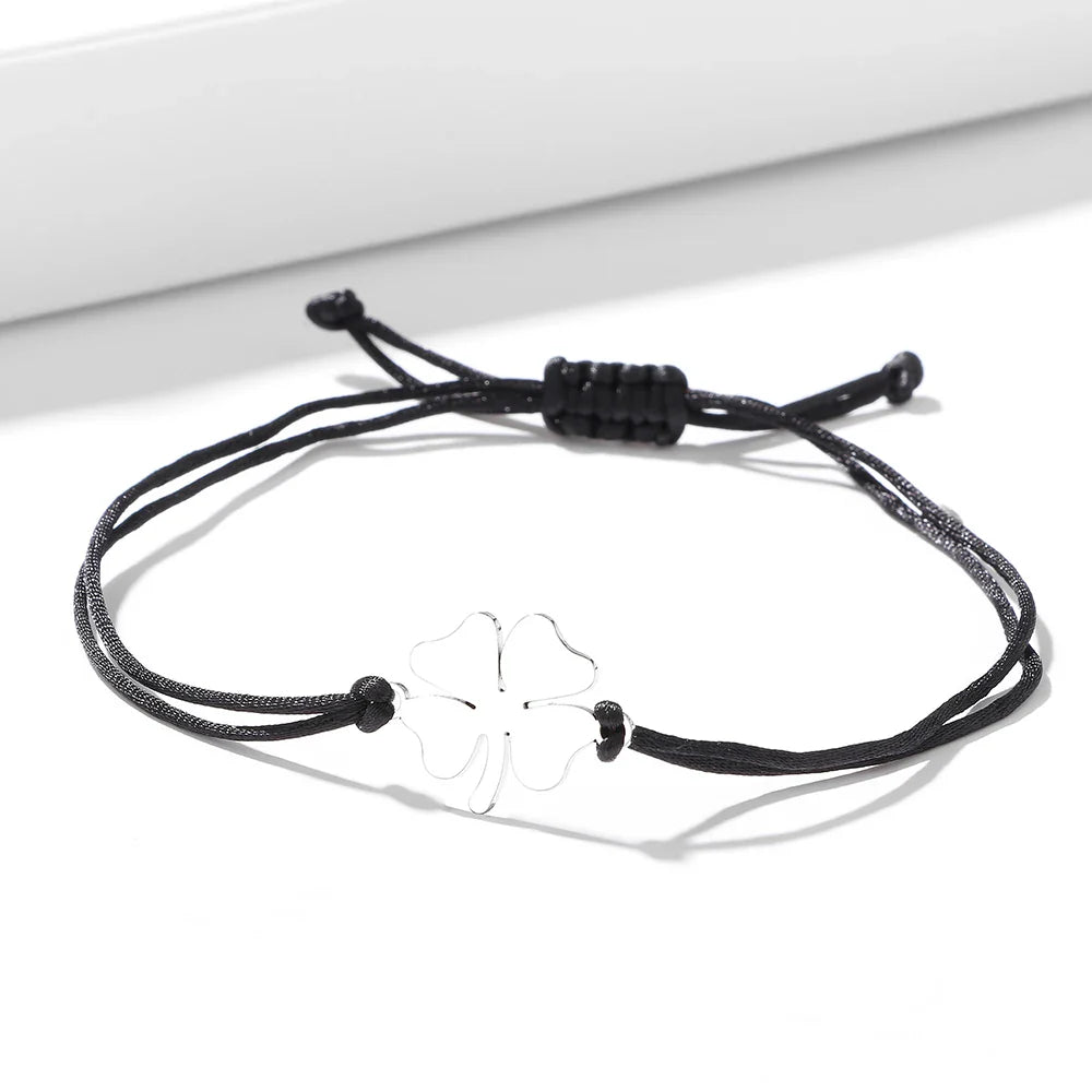 Cord Bracelet with Black and Silver Four-Leaf Clover Lucky Charm