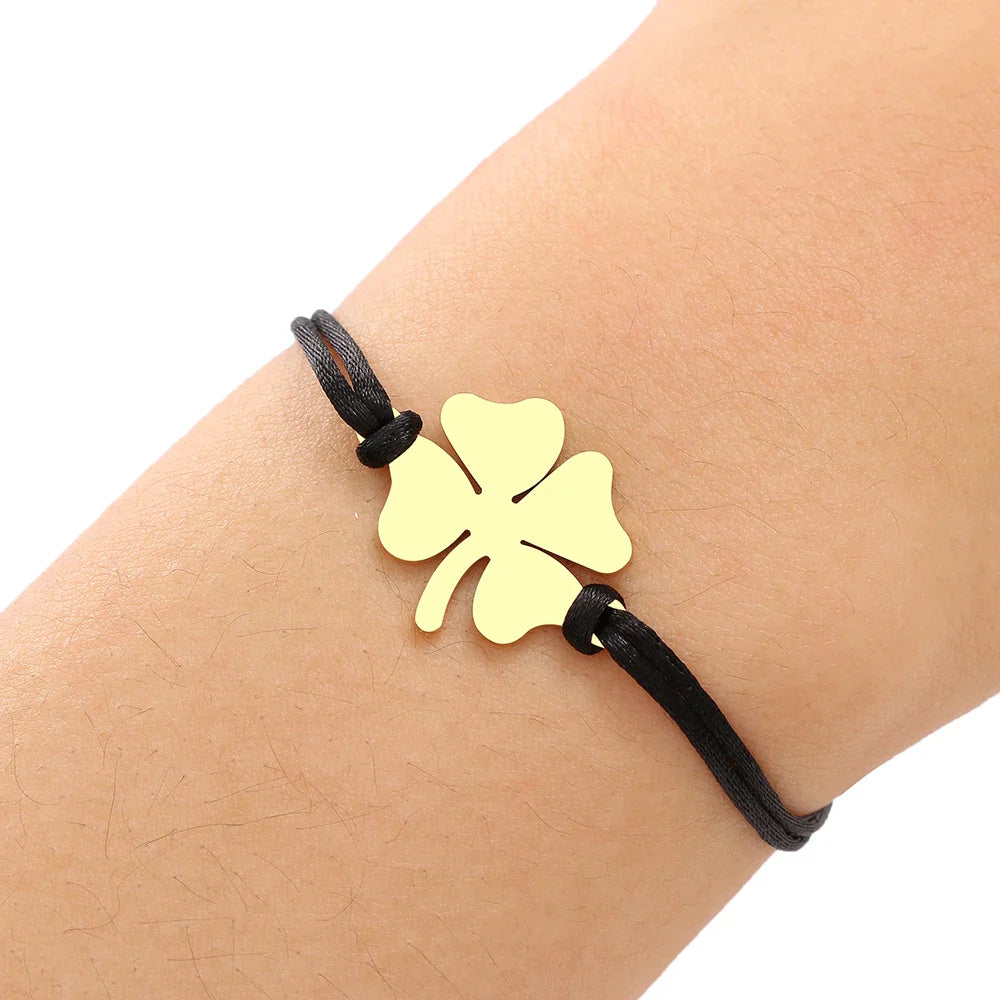 Cord Bracelet with Black and Gold Four-Leaf Clover Lucky Charm