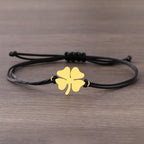 Cord Bracelet with Black and Gold Four-Leaf Clover Lucky Charm