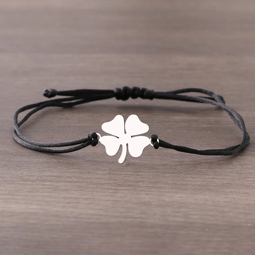 Cord Bracelet with Black and Silver Four-Leaf Clover Lucky Charm