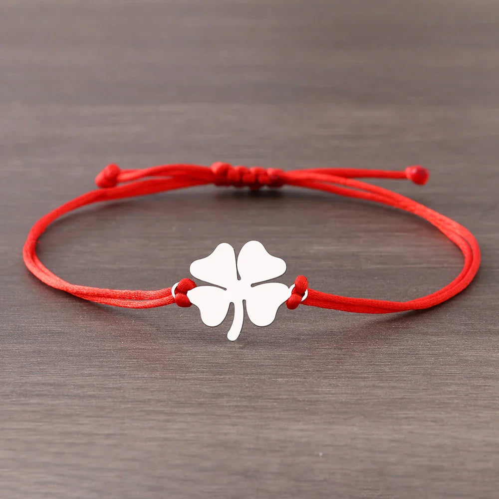 Cord Bracelet with Red and Silver Four-Leaf Clover Lucky Charm