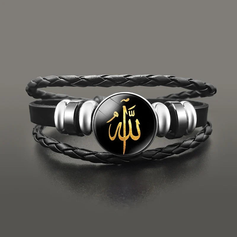 Gold Arabic Muslim Allah leather bracelet