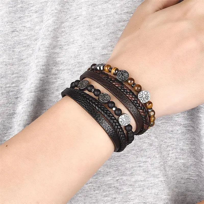 Leather Bracelet Tree of Life Beads Men