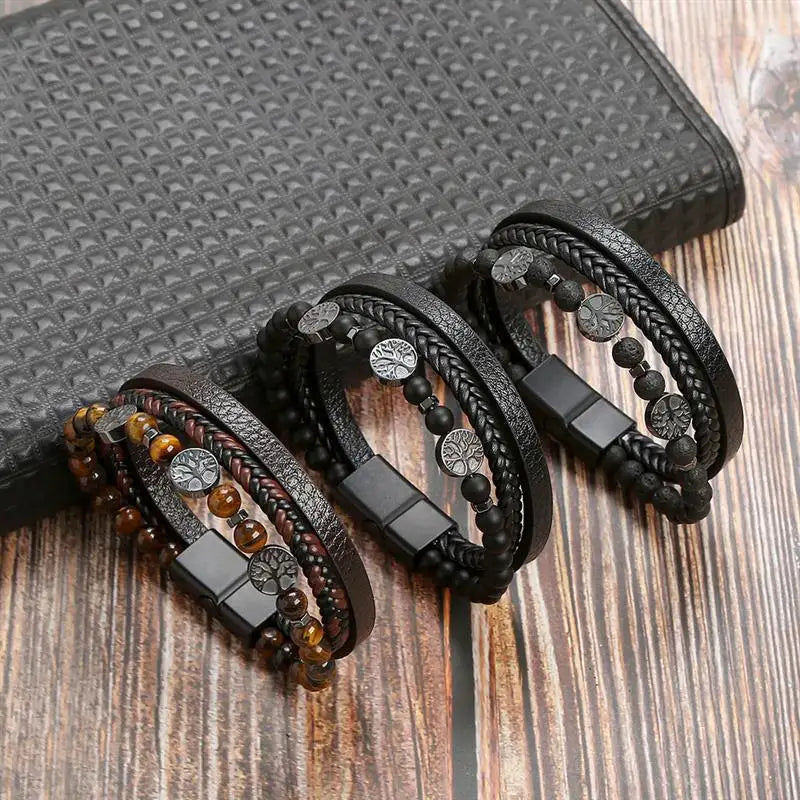 Leather Bracelet Tree of Life Beads Men