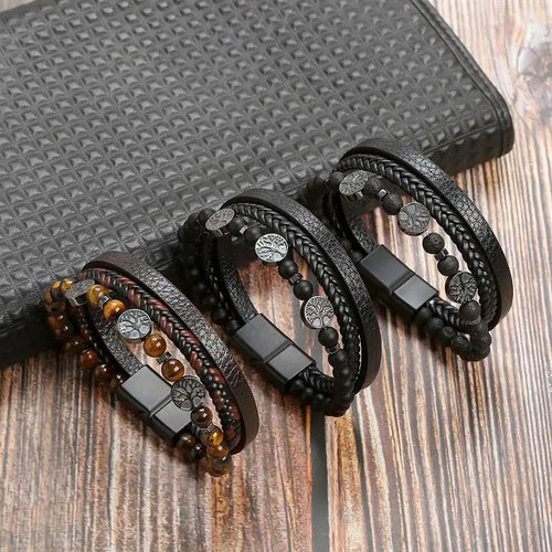 Leather Bracelet Tree of Life Beads Men