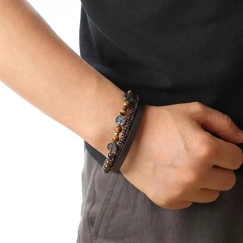Leather Bracelet Tree of Life Beads Men