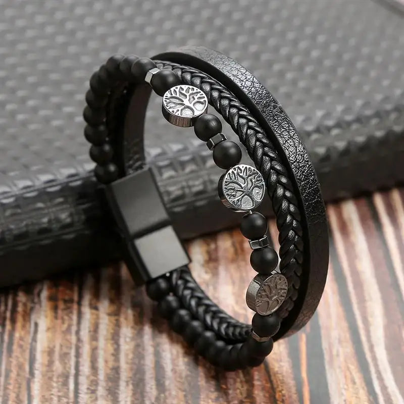 Leather Bracelet Tree of Life Beads Men style 2