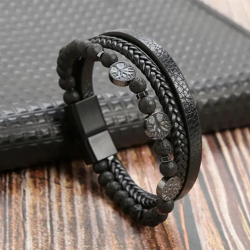 Leather Bracelet Tree of Life Beads Men
