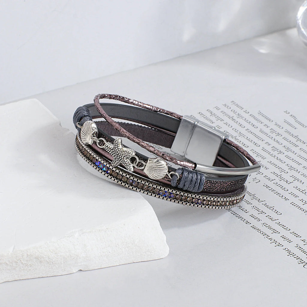 Gray shell and starfish leather bracelet
