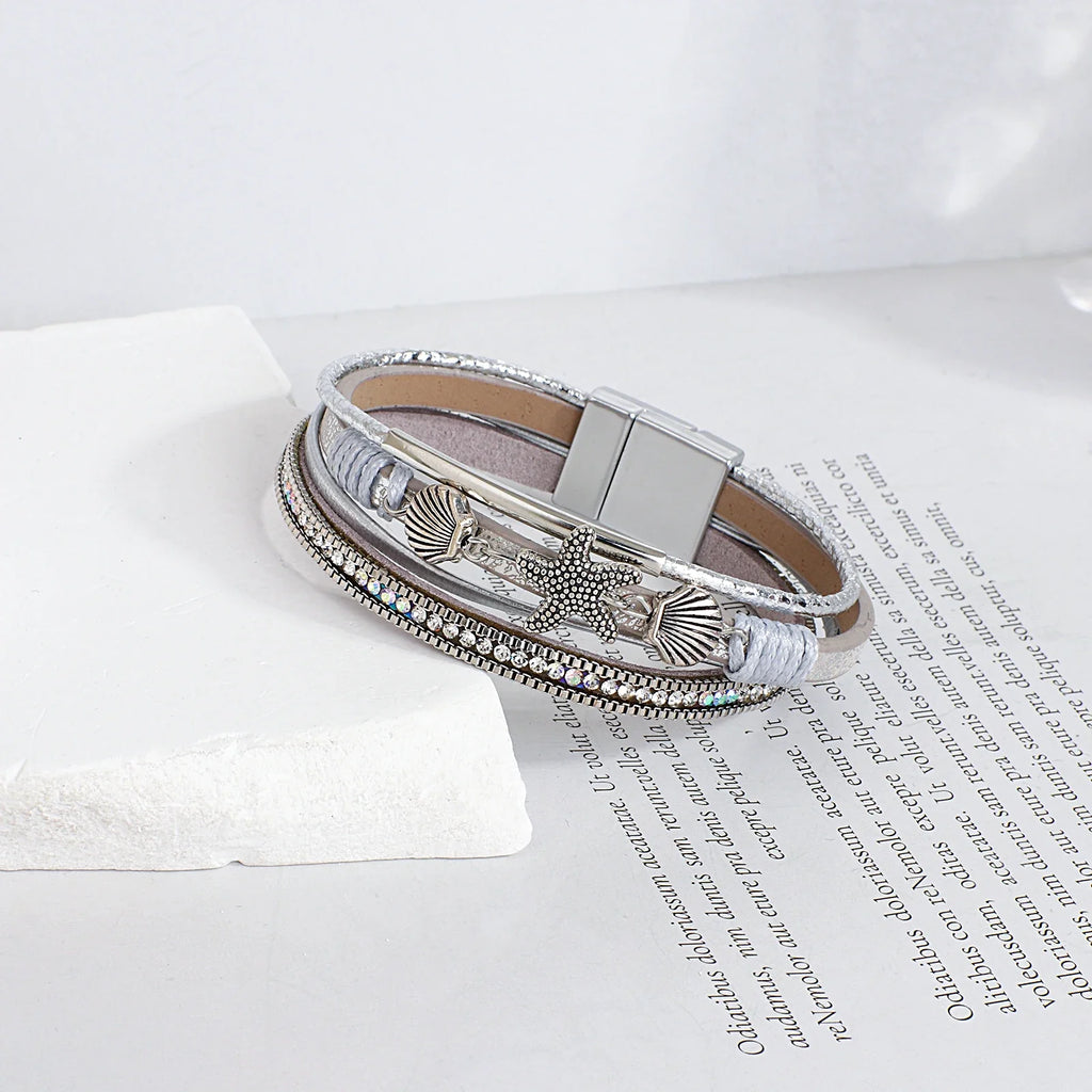 Silver shell and starfish leather bracelet