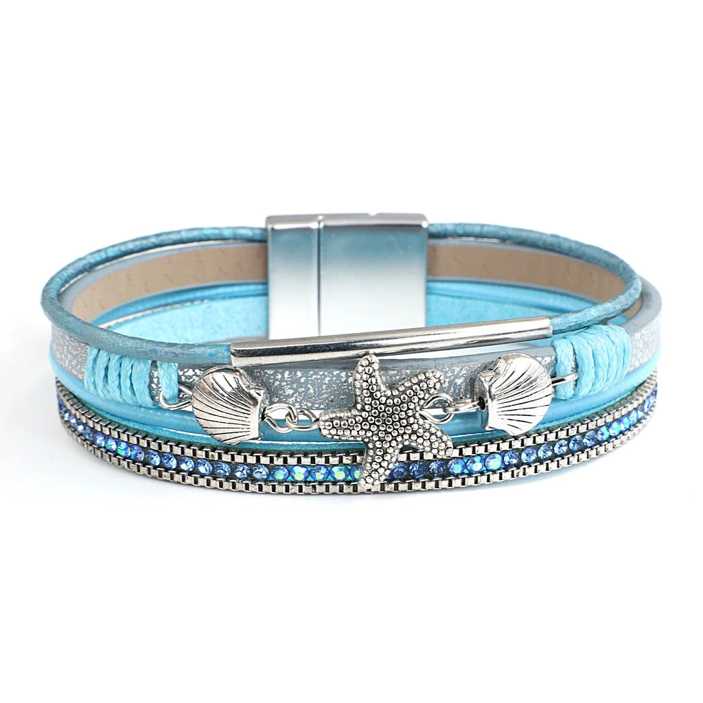 Blue shell and starfish leather bracelet