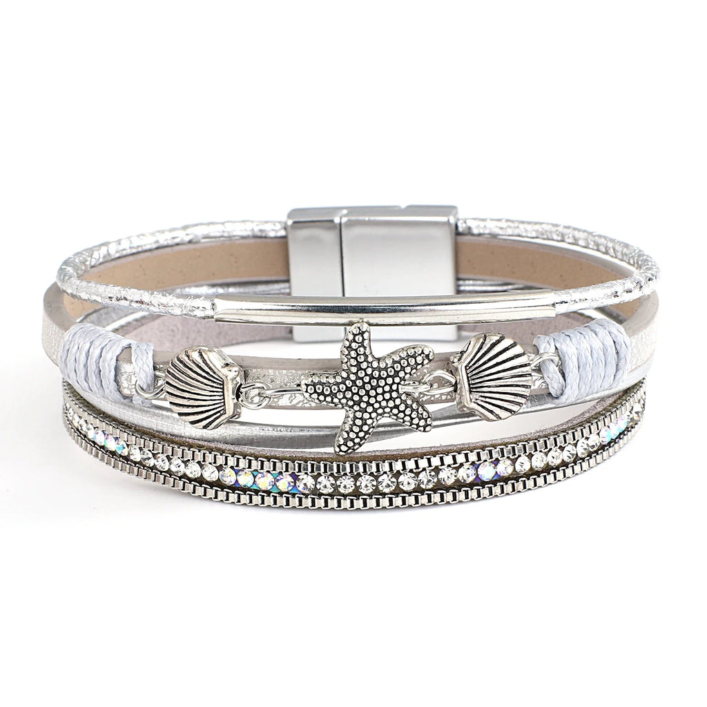 Silver shell and starfish leather bracelet