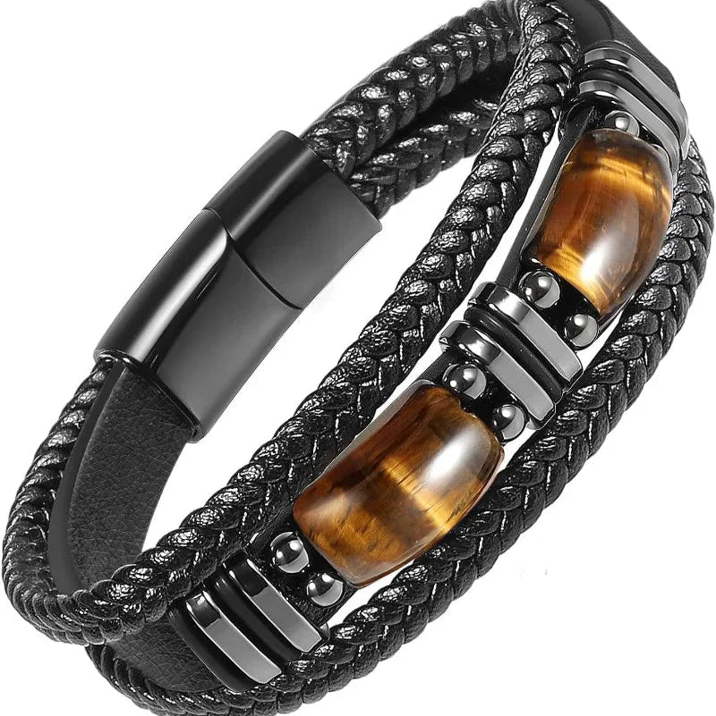 Leather Bracelet with Tiger's Eye Stones