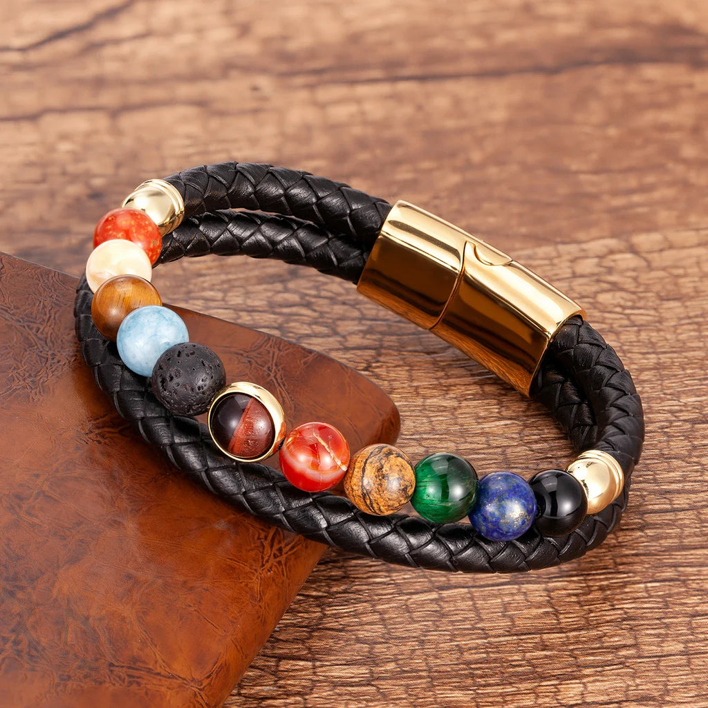 Leather Bracelet 7 Chakras Stones Men Women gold style a