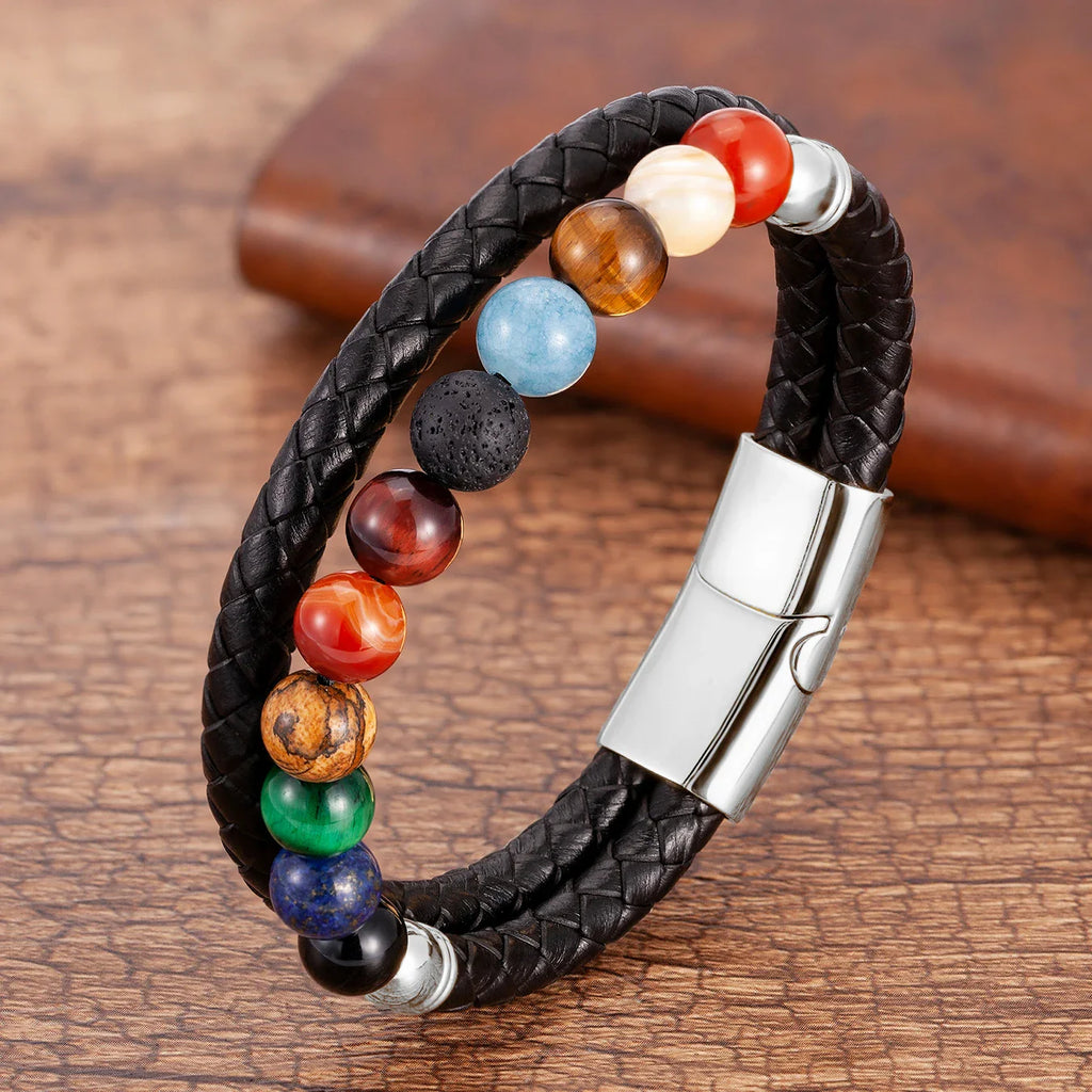 Leather Bracelet 7 Chakras Stones Men Women silver style b