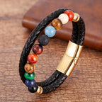 Leather Bracelet 7 Chakras Stones Men Women gold style b