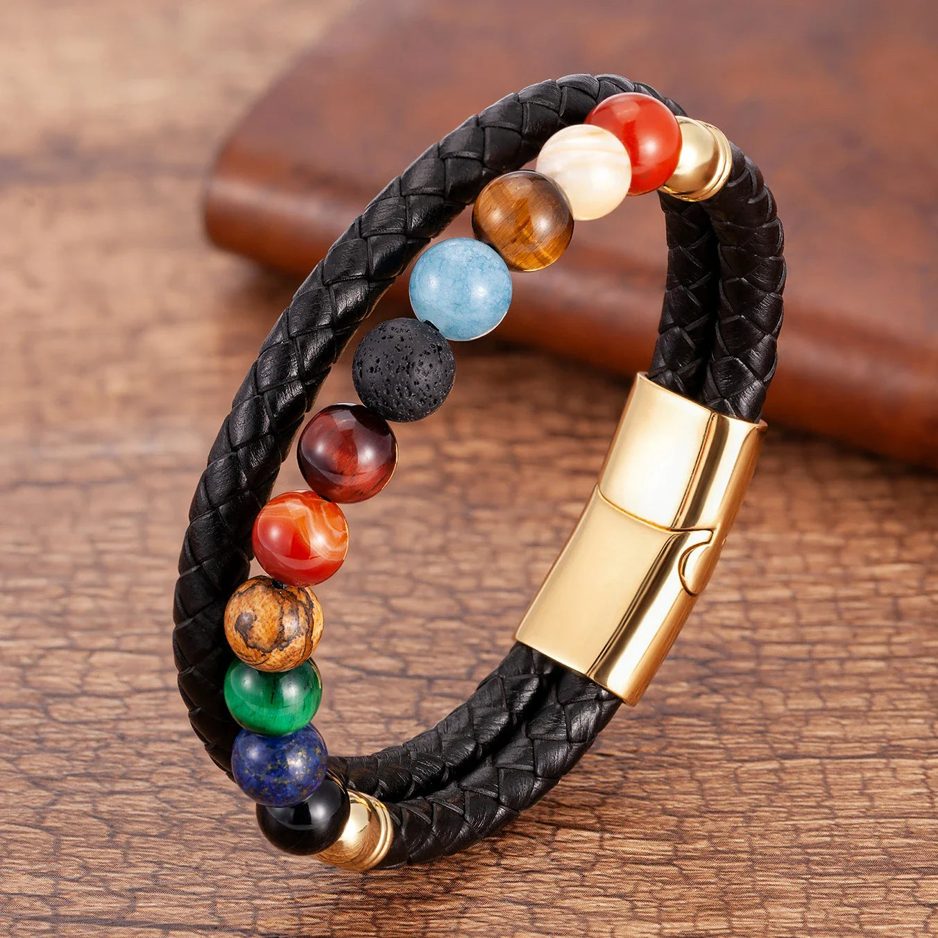 Leather Bracelet 7 Chakras Stones Men Women gold style b