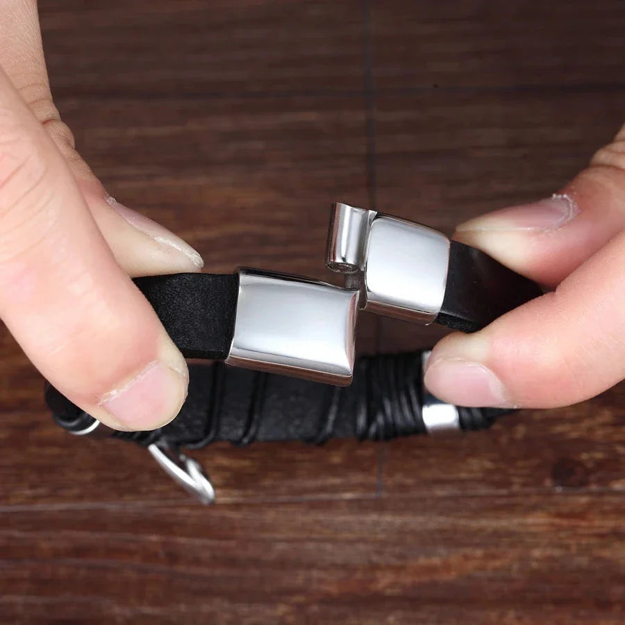 Men's Silver Feather Leather Bracelet