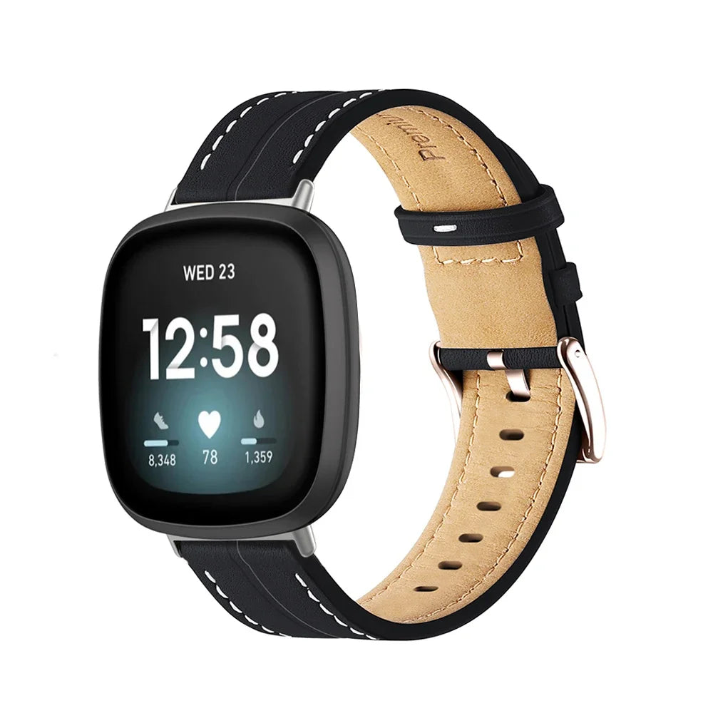 Leather watch band for Fitbit Versa 3, Versa 4, Sense 1 and Sense 2 black