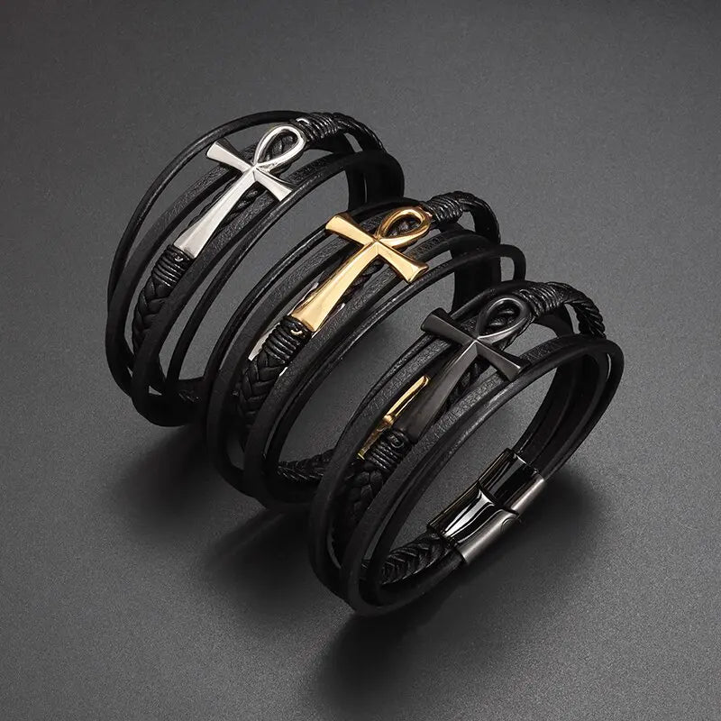 Egyptian Braided Leather Ankh Cross Bracelet