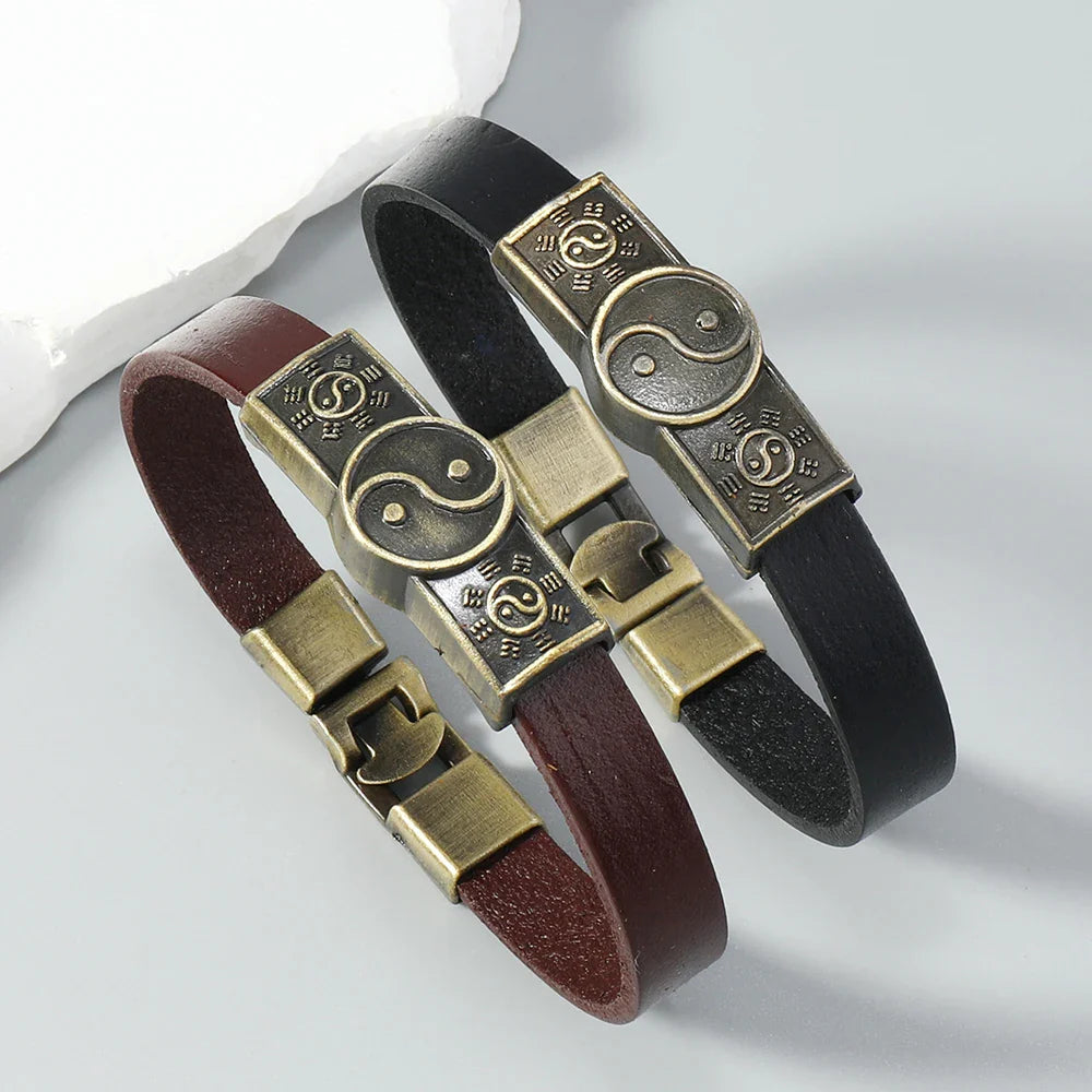 Black Yin Yang Leather Bracelet