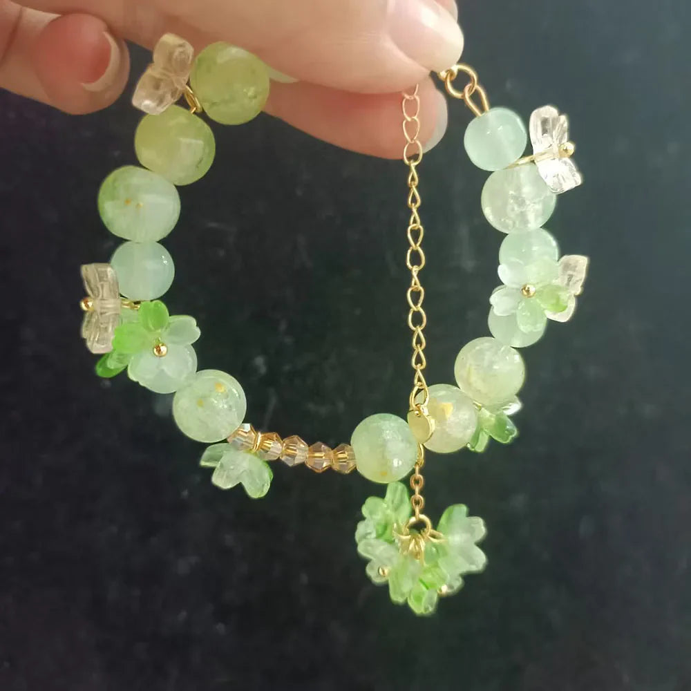 Beaded Bracelet with Green Flowers