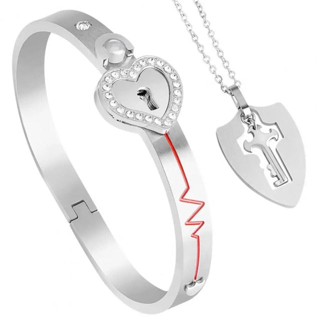 Heart Key Bracelet and Necklace for Couple silver