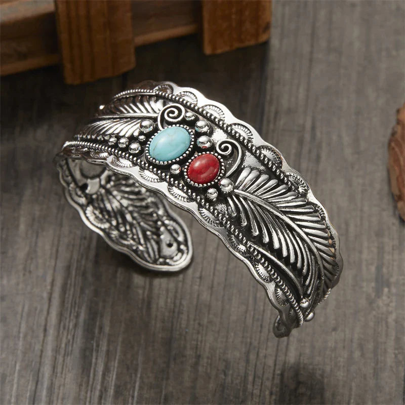 Vintage Ethnic Bracelet with Stones and Silver Feathers