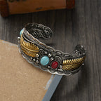 Vintage Ethnic Bracelet with Stones and Gold and Silver Feathers