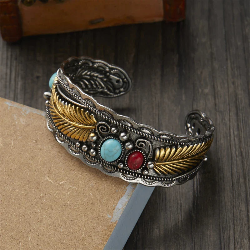 Vintage Ethnic Bracelet with Stones and Gold and Silver Feathers