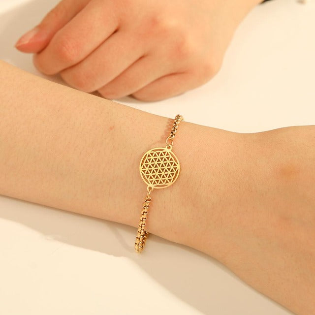 Dawapara Flower of Life Mandala Gold Chain Bracelet