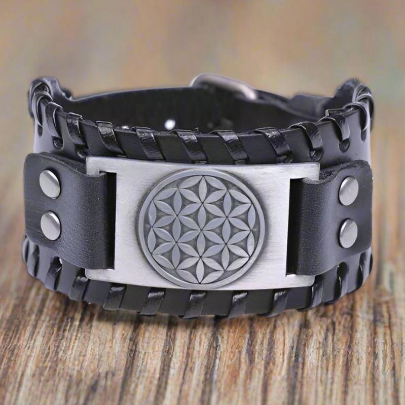 Black Men's Leather Flower of Life Bracelet